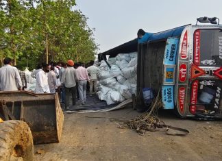 राजुरा – तेलंगणा मार्गावर धानाचा ट्रक पलटला; वाहतूक व्यवस्था विस्कळीत